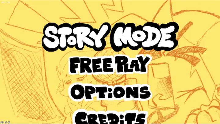 Friday Night Funkin main menu showing Story Mode, Free Play, Options, and Credits.
