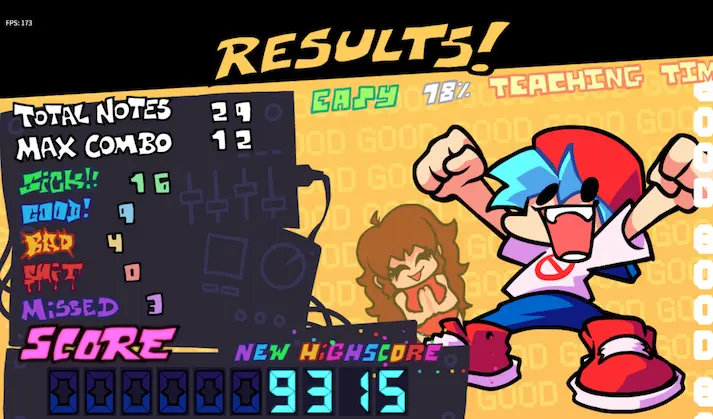 FNF results screen showing total notes, max combo, note judgments, misses, and a score of 9315.