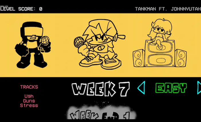 FNF Week 7 selection screen with Tankman, Easy difficulty, and the tracks Ugh, Guns, and Stress.